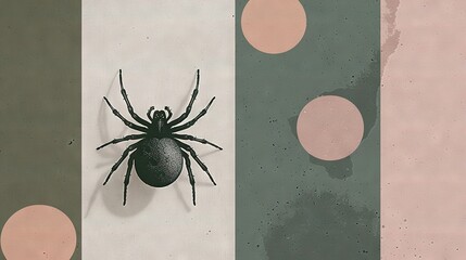 Wall Mural -   A black spider rests atop a striped, pink-and-green wall with circled patterns