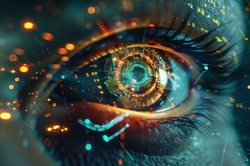 Poster - Closeup of a human eye with a glowing cybernetic pattern symbolizing advanced technology