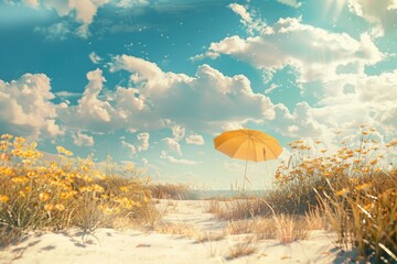 Poster - A scenic view of a blooming field with a yellow umbrella under a sunny sky with fluffy clouds