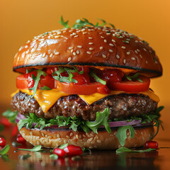 Wall Mural - A large hamburger with a bun and a variety of toppings including tomatoes