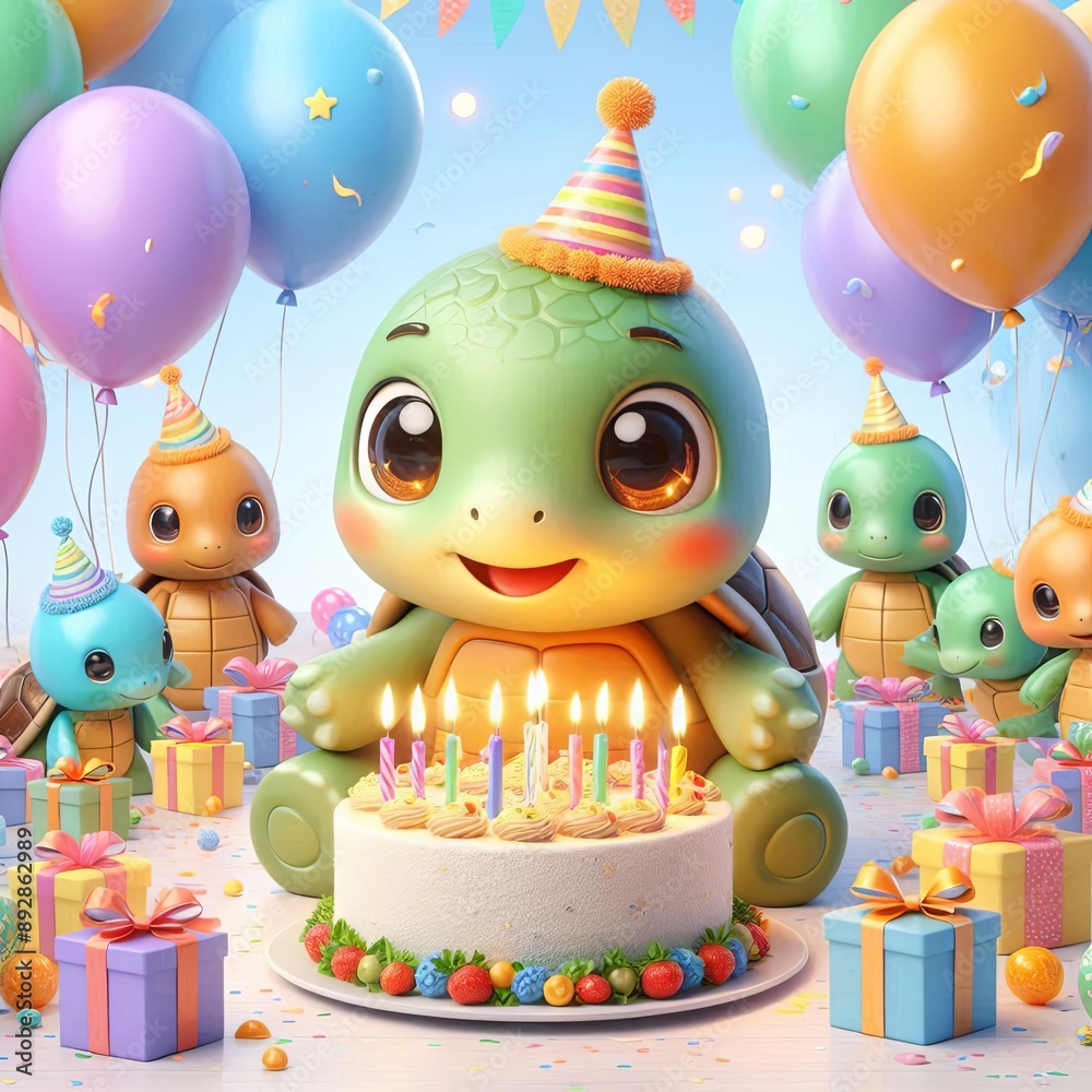 Py Birthday Cute Turtle Birthday Party With Balloon Cartoon , 3d , Generative aI ...