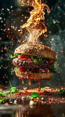 Wall Mural - A burger with a pickle spear on top of it is being thrown into the air.