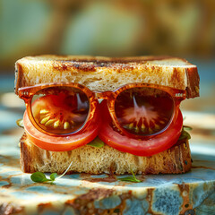 Wall Mural - A sandwich with two tomato slices in the shape of sunglasses