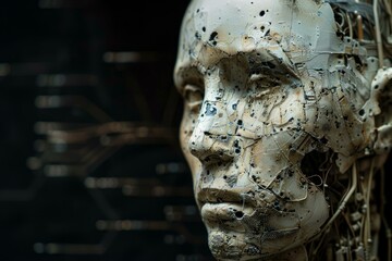 Wall Mural - Detailed closeup of an abstract humanoid robot head with intricate wiring on a dark background