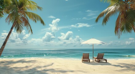 Wall Mural - Two Beach Chairs Under Palm Tree Umbrella