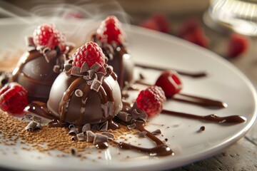 Canvas Print - Gourmet chocolate spheres with fresh raspberries and chocolate sauce, elegantly presented