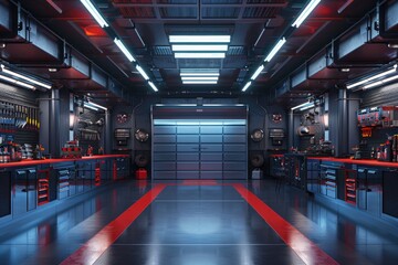 Fototapete - Tools and equipment stored on shelving units in a garage workshop