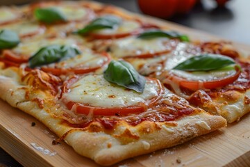 Poster - Closeup of a delicious margherita pizza with melted cheese, fresh basil, and tomato slices