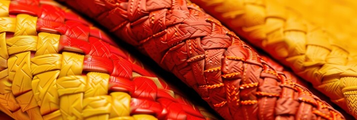 Canvas Print - A close-up of woven leather in shades of red and yellow. AI.