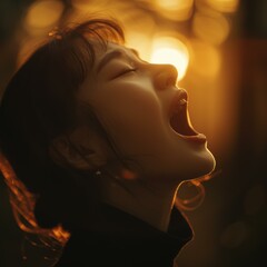 Wall Mural - A woman with her eyes closed and mouth open, enjoying the sunset. AI.