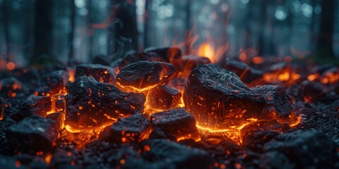 Poster - Embers glowing in the forest. AI.