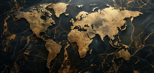 Wall Mural - a minimalistic golden world map on a dark marble background.