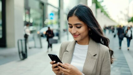 Canvas Print - Young woman walking street texting on phone