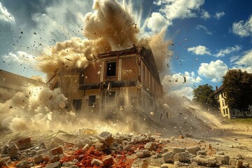 Dramatic building implosion with dust and debris flying against a clear blue sky