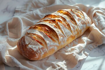 Poster - A long loaf of bread sits on top of a white cloth, waiting to be served
