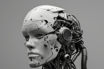 Poster - Closeup futuristic android head with intricate mechanical details and advanced artificial intelligence technology on a monochrome grey background