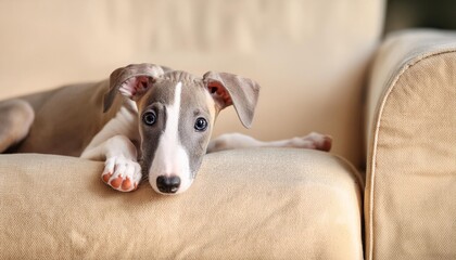 Wall Mural - whippet puppy laying on beige armchair