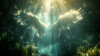 Wall Mural - Mystical, mighty angel in a mysterious forest landscape, surrounded by plants and water. Rays of light shine through from above, ethereal atmosphere. Dramatic mythology background, poster, wallpaper.
