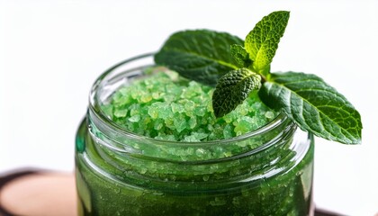 Wall Mural - a close up image of a jar of green sugar scrub with fresh mint leaves on top