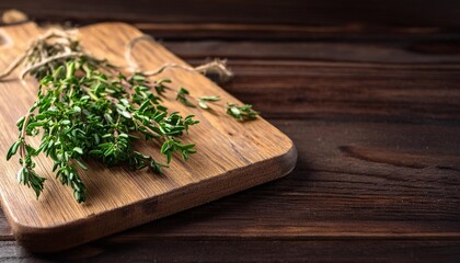 Wall Mural - wooden cutting board with a bunch of fresh thyme on it placed on a dark rustic wooden table background