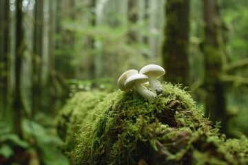 Poster - A pair of mushrooms growing on a moss-covered log