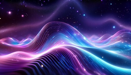 Wall Mural - glowing abstract purple and blue waves with twinkling stars and cosmic background