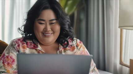 Wall Mural - A woman smiling while using her laptop.