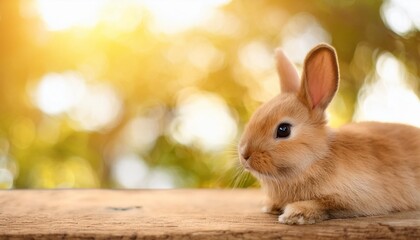 Poster - the rabbit sit on the wood with light bokeh form nature background easter day