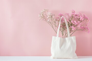 Wall Mural - A white bag filled with fresh flowers sits on a table, perfect for decoration or gift-giving