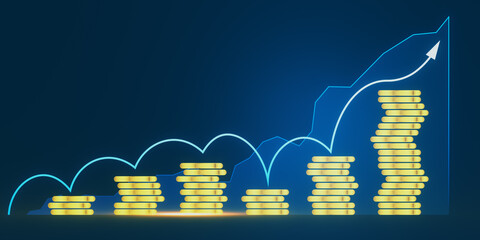 Poster - Creative business chart and growing stacked coins on blurry background with mock up place. Financial growth and trade concept. 3D Rendering.