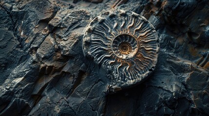 Poster - A close-up view of a fossil-like object embedded in a rock, suitable for use in scientific or educational contexts