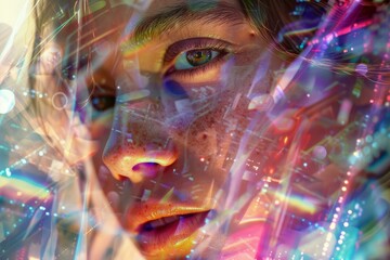 Poster - Closeup of a woman's face with iridescent light reflections creating a futuristic effect