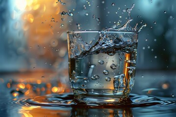 Poster - A glass of water with a splash of water on its surface, perfect for illustrating concepts related to hydration and liquid refreshment