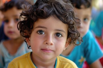 Poster - A group of young children sitting next to each other, perfect for family or education-related content