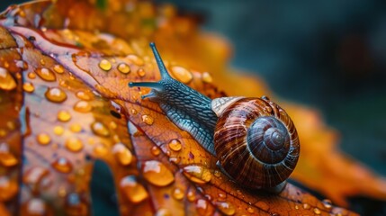 Snail on damp autumn leaf. Snail macro