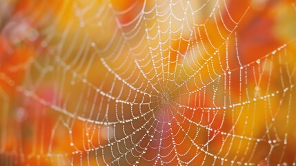 Wall Mural - Spider web with dew drops. Dewy web close-up