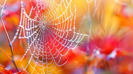 Wall Mural - Spider web with dew drops. Dewy web close-up