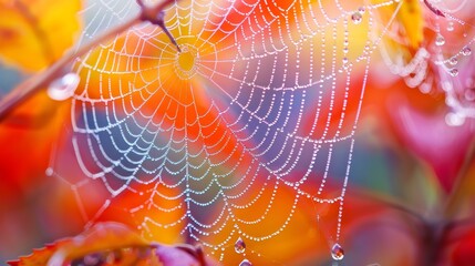 Wall Mural - Spider web with dew drops. Dewy web close-up