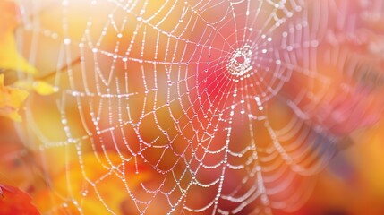 Wall Mural - Spider web with dew drops. Dewy web close-up
