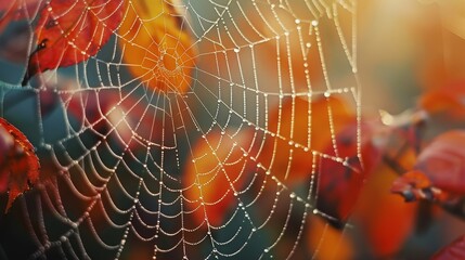 Wall Mural - Spider web with dew drops. Dewy web close-up