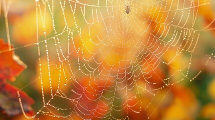 Wall Mural - Spider web with dew drops. Dewy web close-up