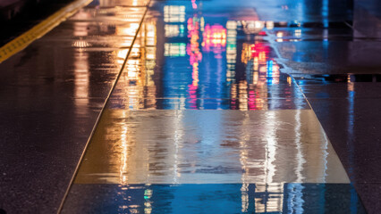 Canvas Print - A wet sidewalk with a reflection of lights on the street, AI