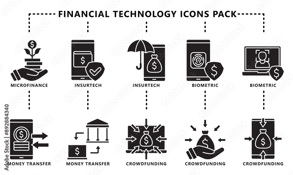 Financial technology black outline icons pack, contain crowdfunding ...