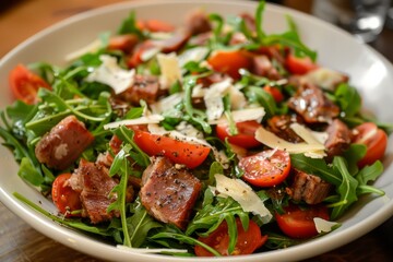 Sticker - Delicious healthy gourmet salad with arugula, cherry tomatoes, grilled steak slices, and shaved parmesan