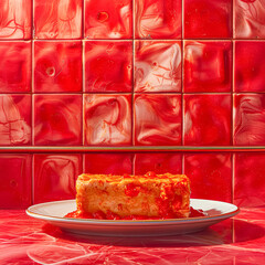 Wall Mural - A slice of cake is on a white plate on a red background