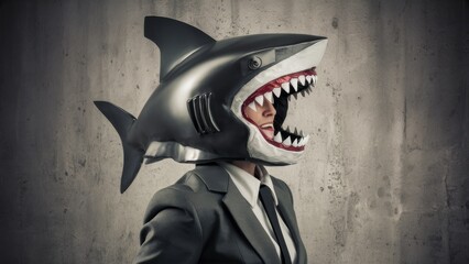 Canvas Print - A man in a suit and tie with shark head helmet, AI