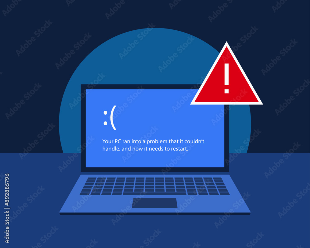 Red Computer Crash Sign Computer it problem. Blue screen error on a laptop screen with red ...