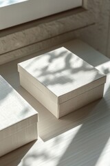 Poster - A small white box sits on a table near a window, providing natural light and a sense of simplicity