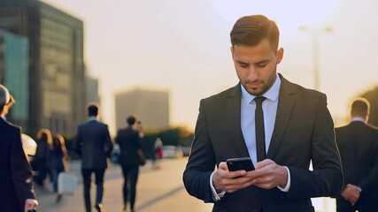 Wall Mural - Business man walking street texting on phone