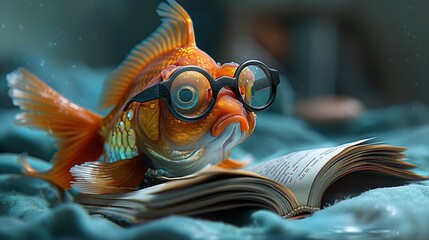 Canvas Print - Goldfish with Glasses Reading a Book